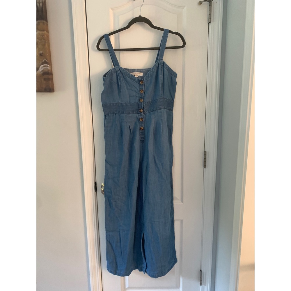 LOFT Womens Blue Lyocell Linen Blend Button Front Wide Leg Jumpsuit Size 4